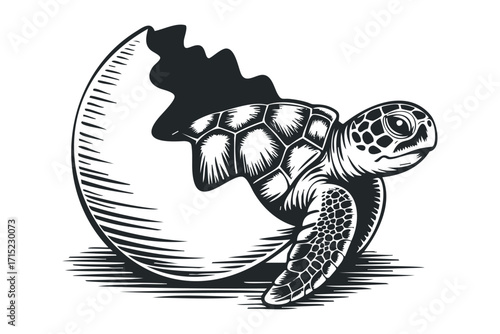 Sea Turtle Emerging from Eggshell. Vector hand drawn