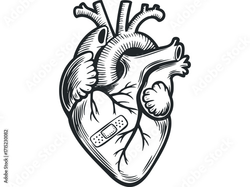 Anatomical heart graphic with a bandage on transparent background. Vector hand drawn