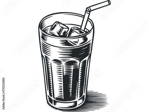 Glass of Iced Drink with Straw. Vector hand drawn