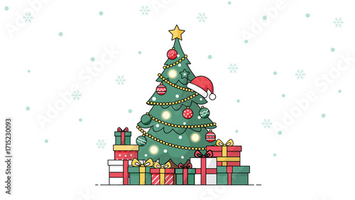 Illustration of Christmas tree decorated with ornaments lights and Santa hat with many gift boxes and snowflakes on white festive holiday background