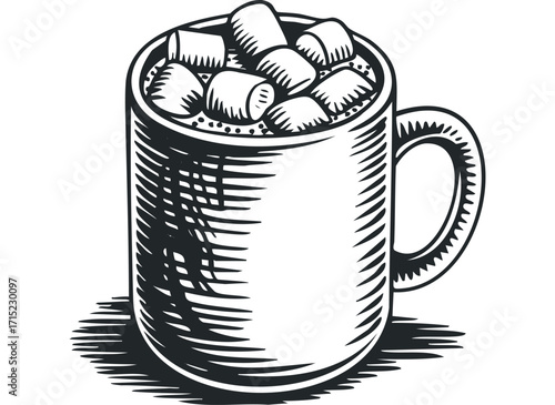 Mug of hot chocolate with marshmallows isolated on white. Vector hand drawn