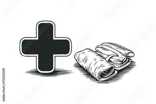 Plus sign and rolled document on transparent. Vector hand drawn