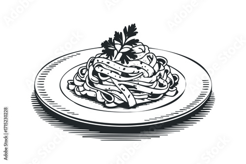 Sketch of pasta with parsley garnish on plate. Vector hand drawn