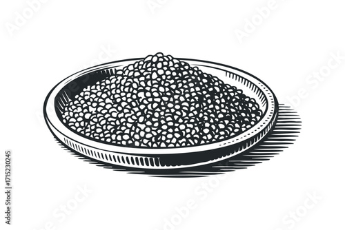 Caviar in a decorative bowl with hatching shading. Vector hand drawn