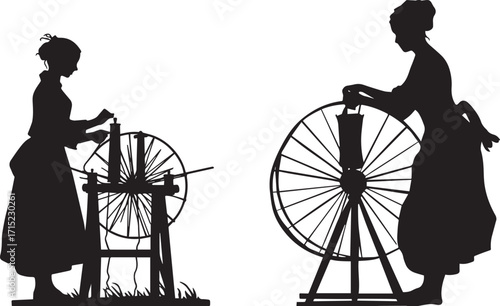 Spinning wheel silhouette vintage art antique craft textile fiber thread yarn wool old