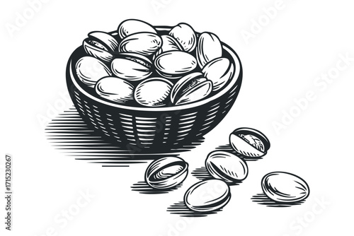Pistachios in bowl line drawing. Vector hand drawn