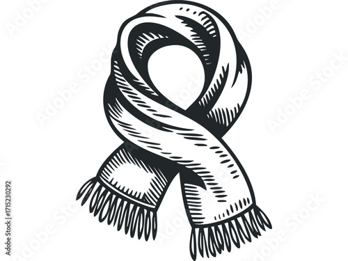 Woven winter scarf with fringe detail isolated on white. Vector hand drawn