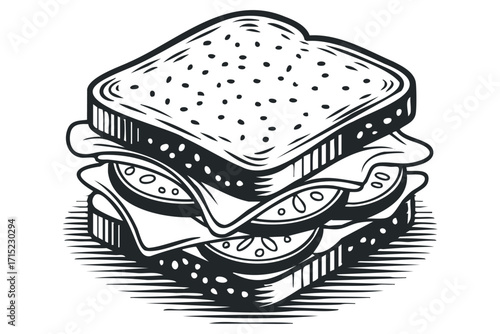 Stacked Sandwich with Tomatoes and Lettuce on Transparent. Vector hand drawn