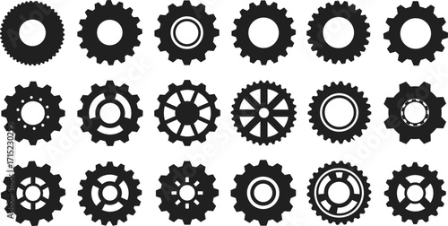 Black gear icons, mechanical cogwheels, industrial machinery symbols, engineering parts, vector illustration, technology design elements, precision equipment, settings concept, machine components 