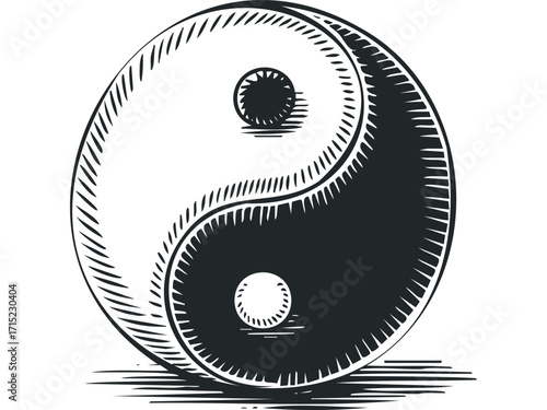 Yin Yang symbol engraving texture on transparent background. Vector hand drawn