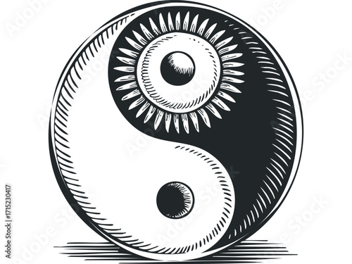 Yin Yang Symbol Woodcut With Transparent Background. Vector hand drawn