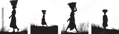 Women silhouettes carrying baskets on head vector illustration art