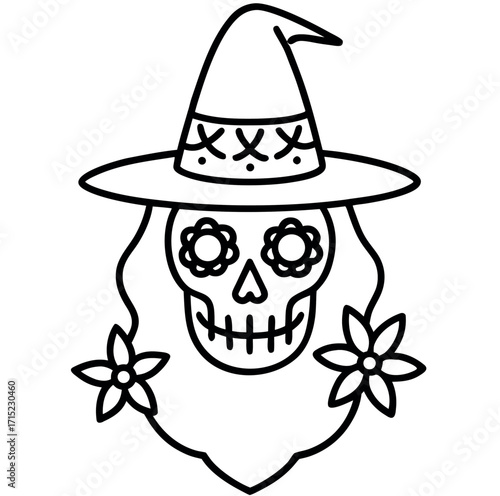 Skeleton wizard face illustration with magical elements