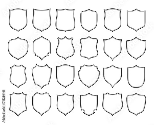 Shield badge icon vector set. Different shape security shield outline sign, military, heraldic shields, coat of arms kit. Protection logo, guard badge or guard symbol for web site design, logo, app
