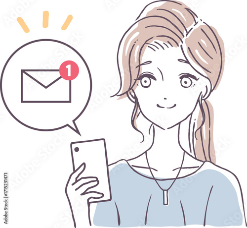 新着メッセージを受信したスマホと嬉しそうな笑顔の若い女性のイラスト素材