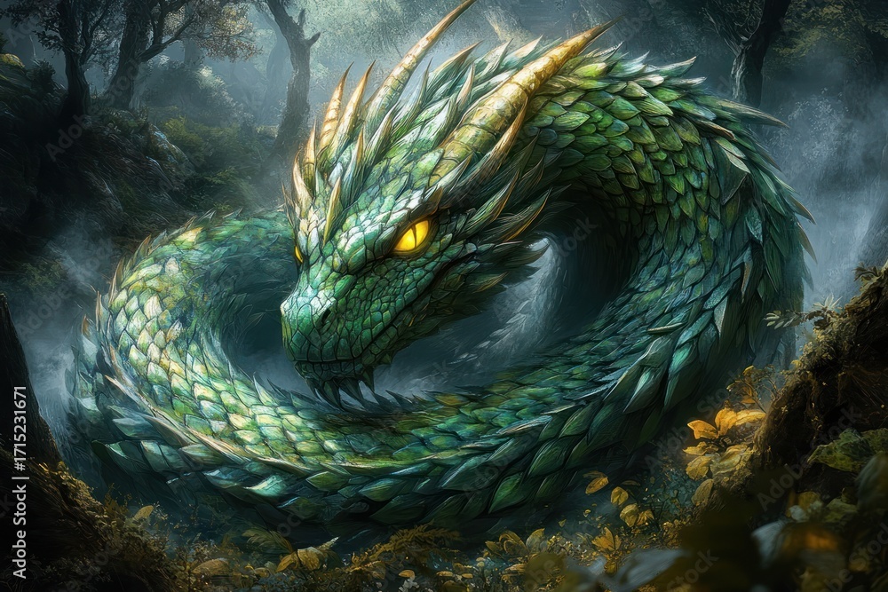 Naklejka premium Gigantic coiled serpent covered in iridescent green scales with sharp spikes surrounded by misty dark forest and golden foliage