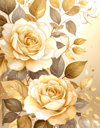Gold roses and leaves, elegant floral art