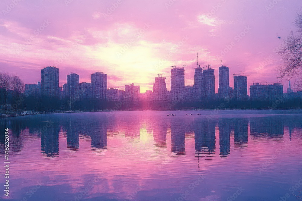 Fototapeta premium Silhouetted city skyline with tall buildings reflecting on calm water during colorful sunrise with pink and purple hues and bare tree branches