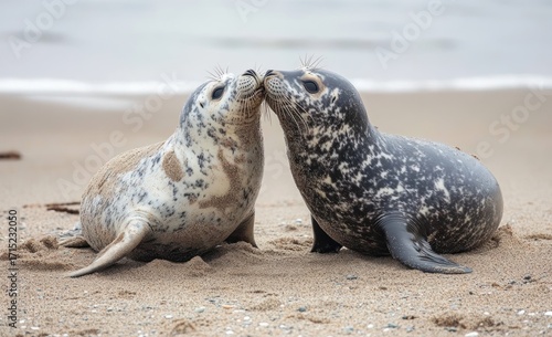 Two spotted seals on sandy beach touching noses in affectionate gesture near ocean shore