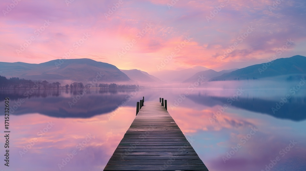 Obraz premium Serene sunrise reflection over calm lake nature landscape photography tranquil environment panoramic view
