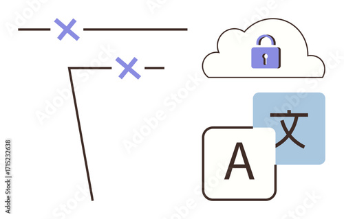 Cloud with lock, text editor symbols, and translation icons suggest data protection, language services. Ideal for cloud security, language tech, editing tools, translation services, tech processes