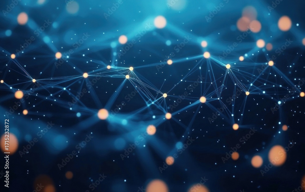 Obraz premium Abstract network of glowing nodes connected by light beams over a dark blue background, representing digital data flow and interconnected technology
