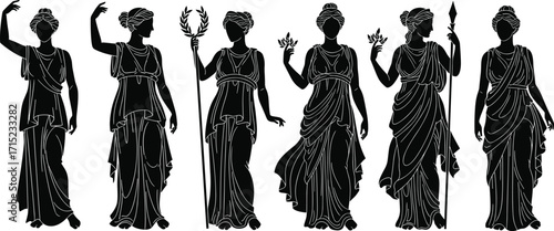 Ancient Greek Roman goddess women silhouette illustration, classical female figures with laurel wreath, staff and flowers, mythology art, antique culture design
