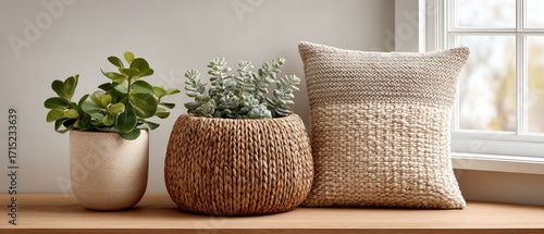 Two potted succulents and a textured woven pillow sit on a wooden surface by a bright window, creating a calm, minimalist home decor vignette in neutral tones.