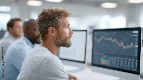 Focused professionals monitor market charts on desktop screens in a modern office, analyzing trading data and performance.