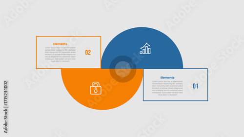 2 elements infographic comparison diagram with big circle slice up and down with rectangle container box with 2 step for slide presentation