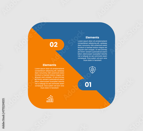 2 elements infographic comparison diagram with round square box with puzzle jigsaw connection with 2 step for slide presentation