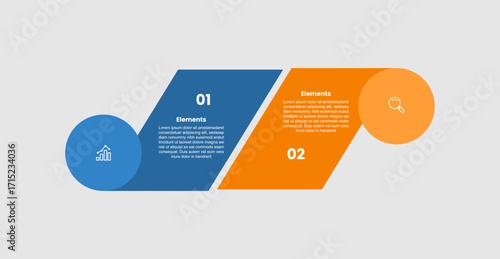 2 elements infographic comparison diagram with skew tilt rectangle with circle badge opposite structure with 2 step for slide presentation