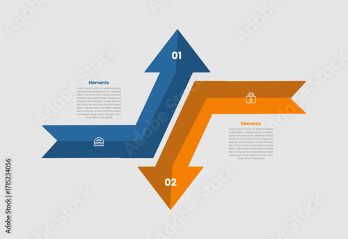2 elements infographic comparison diagram with arrow with shadow top and bottom direction opposite with 2 step for slide presentation