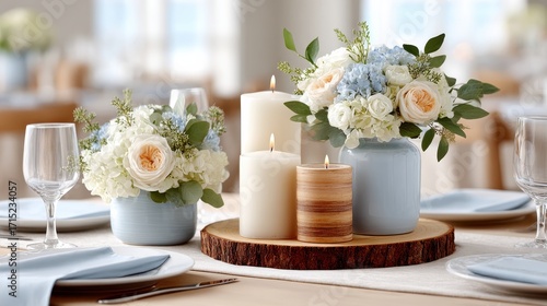 Elegant tablescape with pastel floral arrangements in blue vases and pillar candles on a wooden slice, set with glassware and plates, evoking a romantic wedding reception ambiance.