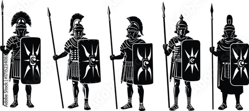 Ancient Roman legionary soldier silhouette illustration, warriors with shields and spears, military history vector art, roman army culture, battle heritage design