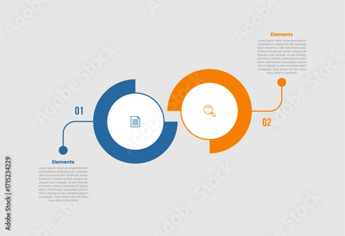 2 elements infographic comparison diagram with big circle with thick outline behind slice cut with 2 step for slide presentation