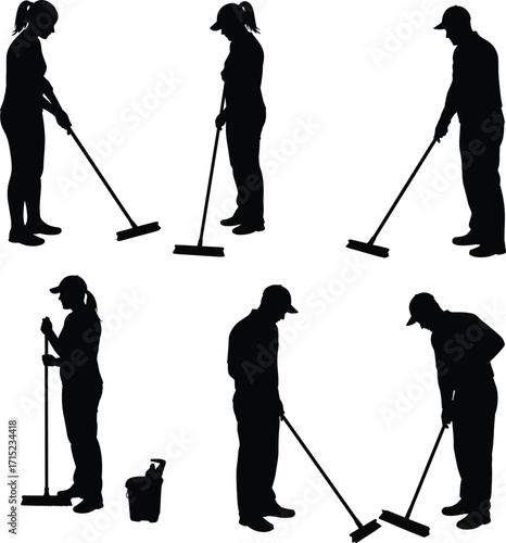 Cleaning staff silhouettes, janitor workers, mop and broom action, sanitation team, hygiene service, workplace maintenance, commercial cleaning, bucket toolsCleaning staff silhouettes, janitor 