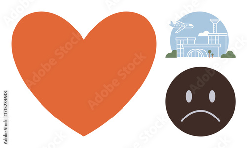 Large orange heart next to airport silhouette and sad face. Ideal for travel, emotions, frustration, holidays, wanderlust, relationships, and stress. Simple flat metaphor