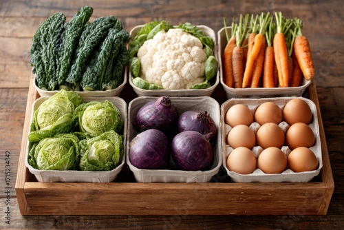 Wooden crate of market produce: kale, cauliflower, carrots, baby lettuce, red onions, and brown eggs in pulp cartons on a rustic table.