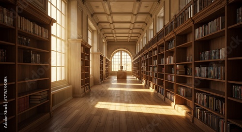 Wallpaper Mural Grand Library Interior - Sunlight Streams Through Arched Window, Bookshelves, Wooden Floor. Torontodigital.ca