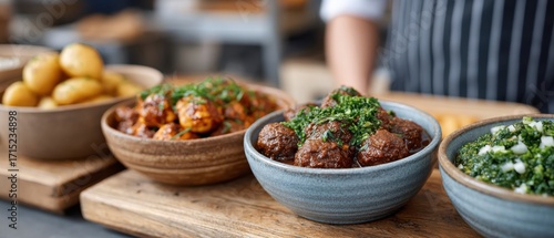 Assorted dishes in ceramic bowls on a wooden board: glazed meatballs with herbs, potatoes, and a green salad, with a chef in an apron in the background.