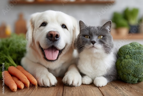 Happy dog and calm gray cat sit together among fresh carrots, broccoli, and greens in a kitchen, suggesting a healthy pet lifestyle.