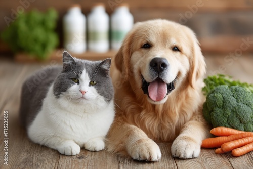 A golden retriever and a gray-and-white cat sit on a wooden floor with fresh carrots and broccoli, looking content and friendly in a cozy home setting.