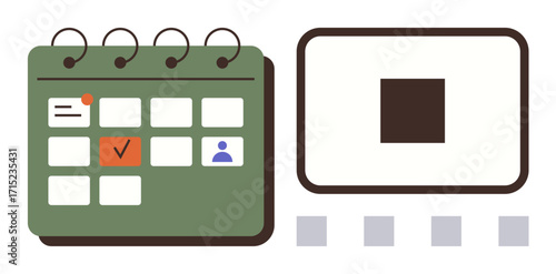 Green calendar with marked events, checkmarks, and user profile next to task board. Ideal for time management, productivity, organization, scheduling, reminders, planning simple flat metaphor