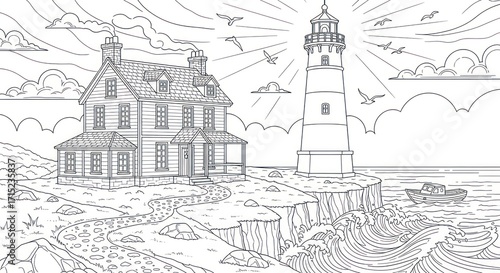 Coastal house and lighthouse line drawing