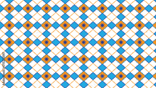 Geometric abstract background featuring vibrant quatrefoil shapes in blue orange and white with star accents, perfect for wallpapers textiles packaging and modern design projects