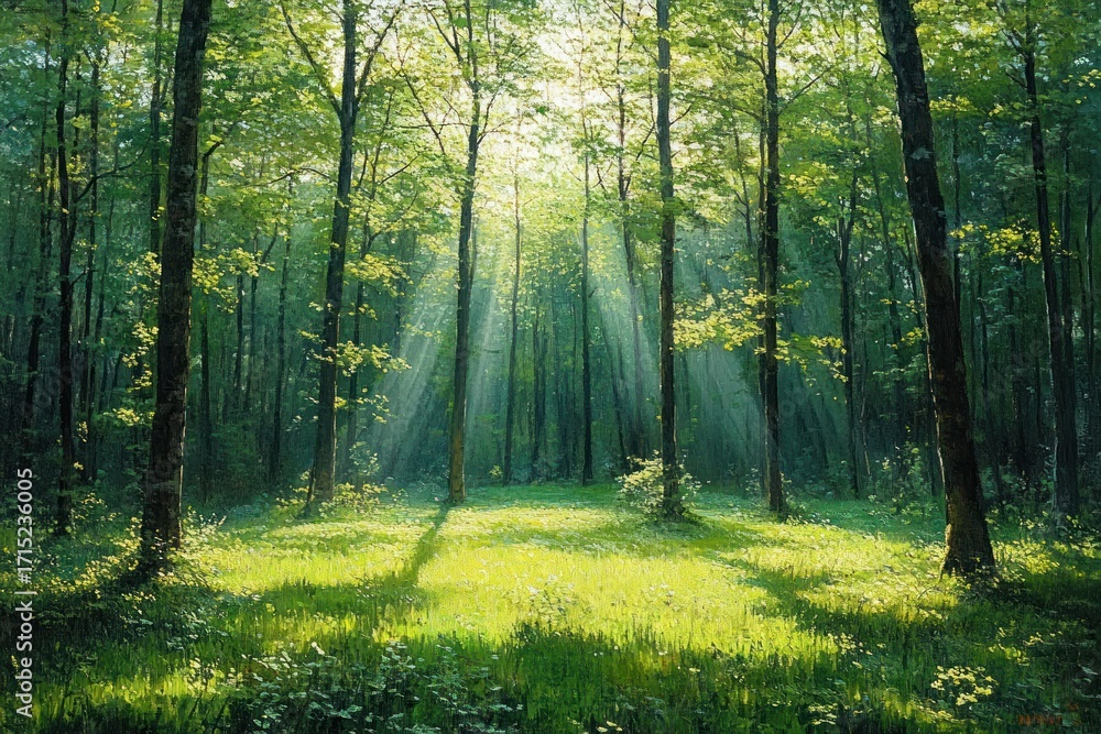 Fototapeta premium Sunlight streaming through tall trees in a lush green forest clearing, casting long shadows and creating a peaceful natural scene