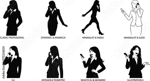 Businesswoman silhouette talking on phone, professional female executive, office worker, communication, leadership, teamwork, career success, modern business, corporate lifestyle illustration.