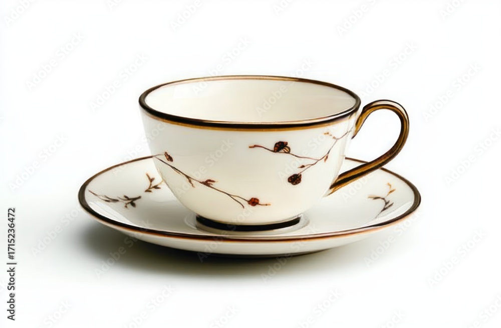 Fototapeta premium Elegant white porcelain teacup and saucer set with delicate brown floral branch design and gold trim on handle and edges against a white background