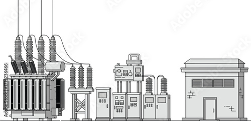 Electrical substation infrastructure, power transformer, circuit breakers, control panels, high voltage equipment, energy distribution, industrial facility, utility grid, engineering, technology